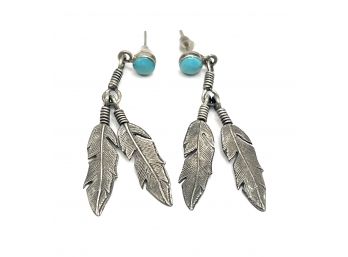 Vintage Sterling Silver Native American Turquoise Color Feather Dangle Earrings