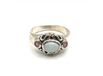 Vintage Sterling Silver Opal Color And Small Stones Ring, Size 6.5