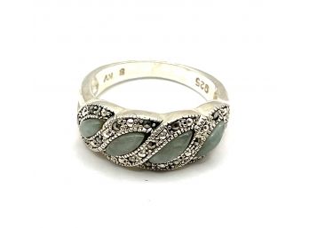 Vintage Sterling Silver Marcasite And Light Green/gray Ring, Size 8