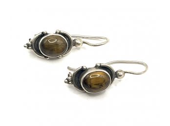 Vintage Sterling Silver Polished Brown Agate Stone Earrings