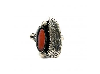 Vintage Native American Sterling Silver Coral Color Ring, Size 6