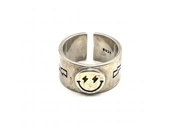 Vintage Sterling Silver Thick Band Smiley Face And Stars Cuff Ring, Size 6.5