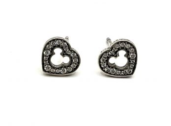 Vintage ALE Sterling Silver Mickey Mouse Cut Out Clear Stone Marcasite Stud Earrings