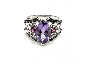 Beautiful Large Sterling Silver Purple Gemstone Ring, Size 9.5