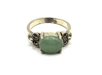 Vintage Sterling Silver Marcasite And Jade Style Stone Ring, Size 6.5