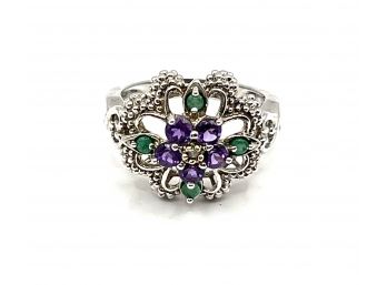 Vintage Sterling Silver Large Purple And Green Stone Ring, Size 6.5