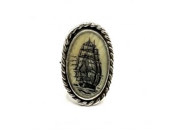 Vintage Sterling Silver Scrimshaw Style Ring, Size 8