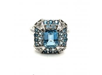 Beautiful Sterling Silver Blue Gemstone Large Square Ring, Size 7.75