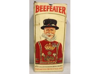 Vintage One Gallon 18' Beefeater On Wood Pouring Cradle W/ Box Not Opened
