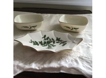 2 Lennox Holiday Pattern Nut Dishes And 1 Candy Dish