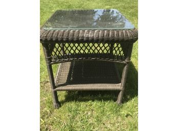 Wicker Resign Accent Table With Glass Top
