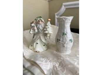Porcelain 4 Leaf Clover And  Santa And Irish Belleek 4 Leaf Clover Vase