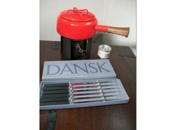 Vintage Red DANSK Fondue Pot  W/ Original DANSK Boxed Forks