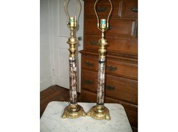 Pair Of Brass Lamps W/Tessellated Abalone Inlay - Working Condition