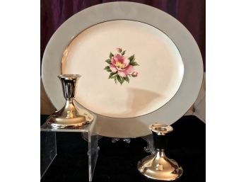 HOMER LAUGHLIN 9' Oval Platter & Pair Of Weighted Candle Holders (VALUED $100+)