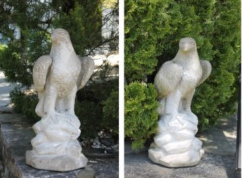 Gorgeous Pair Of Bald Eagles On Rock Perches Cement Statues - Stands 24' Tall