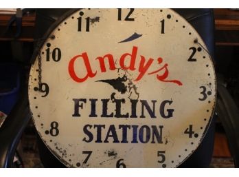 1930's Andy's Filling Station Glass Clock Face By Joseph Weidenhoff Inc.  - Vintage Local Piece