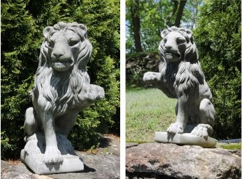 Pair Of Highly Detailed Cement Lion Bookend Statue's - Measures 24' Tall