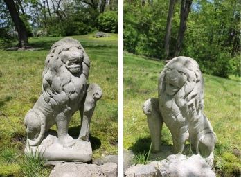 Pair Of Cement Lion Bookend Statue's - Measures 18' Tall