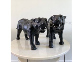 Pair Of Vintage Leather On Paper Mache Panthers