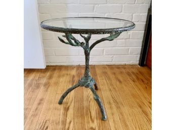 Art Deco Style Metal Tree Base Side Table With Glass Top