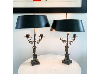 Pair Of Romantic Electrified Candelabra Lamps With Metal Shades