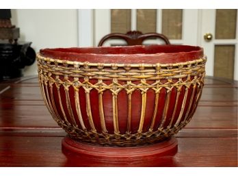 Chinese Red Bowl With Rattan Basket