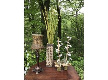 Faux Bamboo Florals And Candle & Vases