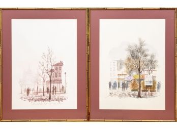Pair Of Complementary Watercolors In Gold Bamboo Frames