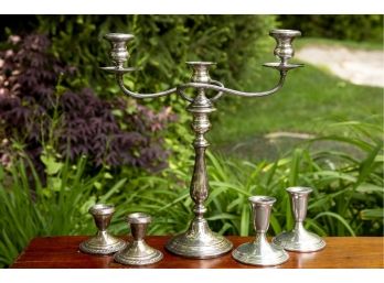 Two Pair Short Candle Holders & Three Arm Candlabra