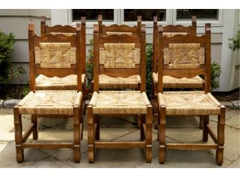 Six Vintage Wooden Chairs With Rush Seats