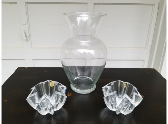Elegant Glass Vase & Pair Cristal D'Arques Votive Holders