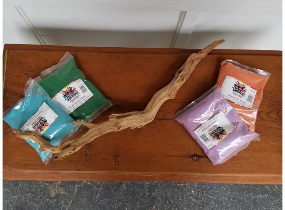 Natural Driftwood Sculpture & 4 Bags Of Colored Art Sand