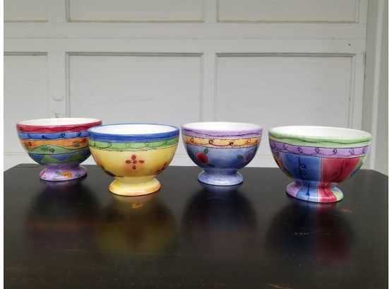 Set/4 Colorfully Painted Footed Cereal Bowl Or Ice Cream Bowls