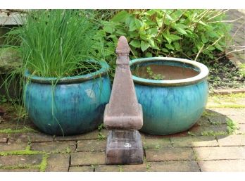 Two Ocean Blue Ceramic Planters And Garden Statue