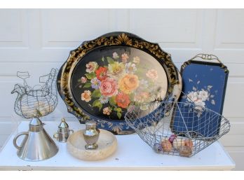 Vintage Tole Trays, Wire Egg Baskets, Eggs, Teapot And More