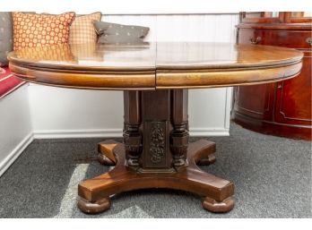 Vintage Solid Mahogany Wood Round Carved Wood Pedestal Dining Table + Two Leaves (PLEASE NOTE: TOP BASE HAS SOME REFLECTIONS, WHICH ARE NOT STAINS)