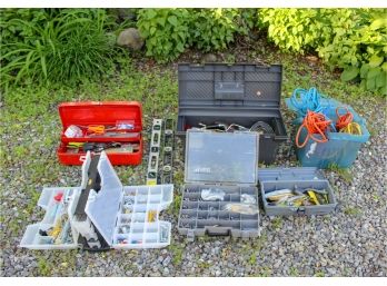 Vintage Red Enamel Toolbox And Assorted Tools, Level, Extension Cord And More
