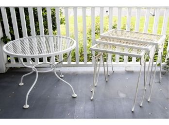 Woodard Style White Wrought Iron Round Table And Nesting Tables