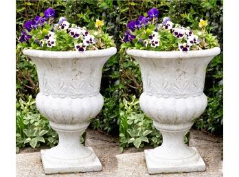 Pair Of Two Faux Stone Planters With Live Plants