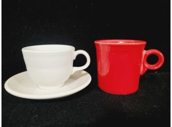 Vintage Homer Laughlin Fiesta Red Coffee Mug & White Cup With Saucer