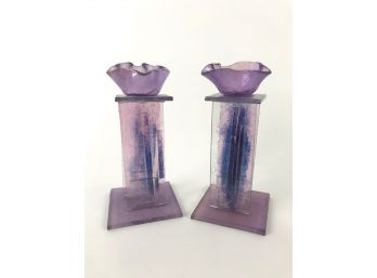 Hand Made Purple Glass Candle Holders