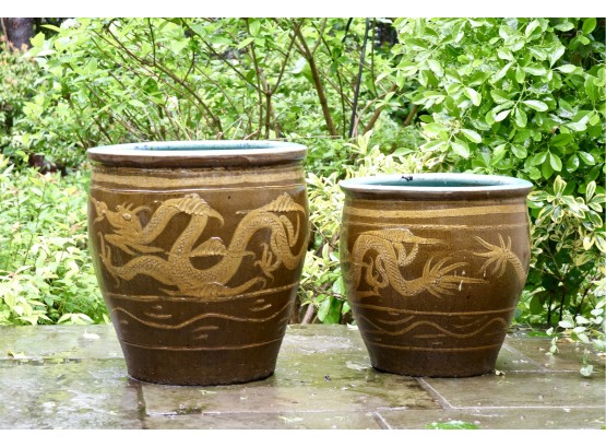 Set Of 2 Very Large Valuable Planters With Raised Dragon Designs
