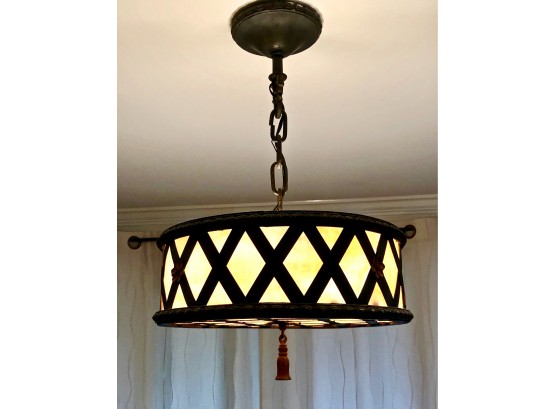 Arts And Crafts Period Wrought Iron And Marbleized Glass Chandelier