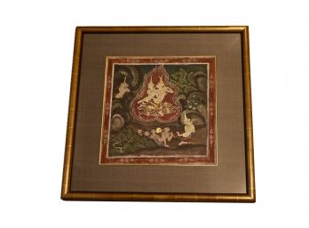Thai Temple Painting With Gold Gilt Bamboo Style Frame