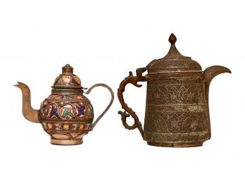 Persian Ceramic Teapot With Metal And Vintage Metal Teapot ((Middle East)
