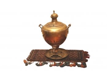 Early Century Large Brass Indian Samovar With Brass Tray And Antique Rug