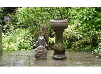 Set Of 2pc Stone Planter / Bird Bath And  Stone Garden Frog
