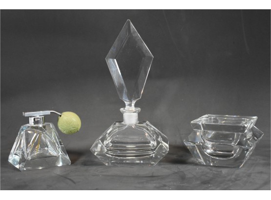 Antique Art Deco German Lead Crystal Perfume Bottles And Powder Box, 5 Pc Clear Crystal Vanity Set