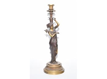 Antique Brass Figural Candleholder Goddess Holding Grapes & Pitcher, 20' H